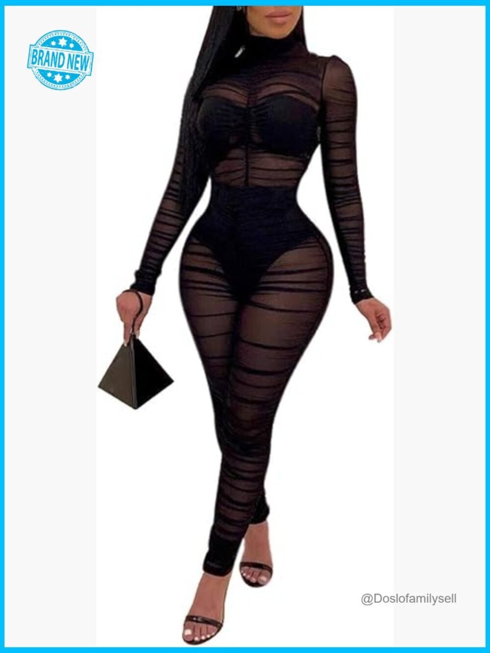 Mesh Sheer Bodycon Jumpsuit Long Sleeve See Through Party Club Outfits Y2K